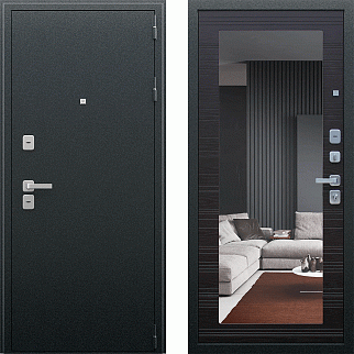 Дверь входная Модерн с зеркалом, антик серебро/венге поперечный