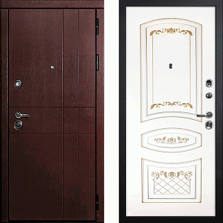 Дверь входная С-2/Панель эмаль Смальта-05, металл 1.5 мм, 2 замка, орех премиум/белый Ral 9003, патина золото