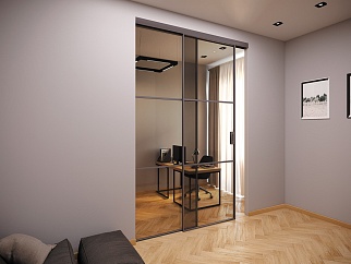 Раздвижная алюминиевая перегородка, профиль грей, стекло прозрачное серое