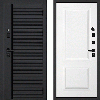 Дверь входная с черной ручкой Галактика-173/Панель эмаль Смальта Лайн 04, черный/белый Ral9003