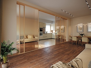 Алюминиевая перегородка раздвижная, профиль окрашен по RAL, стекло прозрачное бронза