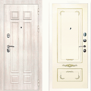 Дверь входная Гера-2/Пеналь эмаль Смальта-09, металл 1.5 мм, 2 замка KALE, дуб Филадельфия крем/слоновая кость Ral1013, патина золото
