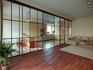 Раздвижная алюминиевая перегородка, профиль темно-коричневый, стекло прозрачное